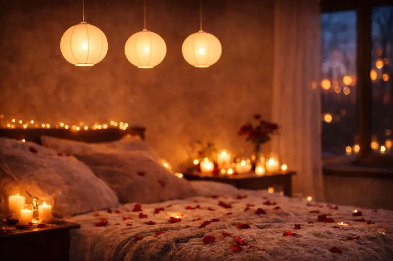 A romantic bedroom scene with rose petals scattered on a plush bed, lit by candles and fairy lights, perfect for romance in bed.