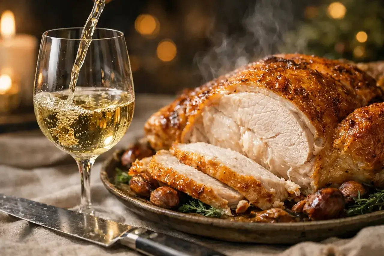 Un chapon r&ocirc;ti, tranch&eacute; et servi avec des marrons. Un verre de vin blanc est vers&eacute;, sugg&eacute;rant quel vin avec du chapon pour un repas festif.