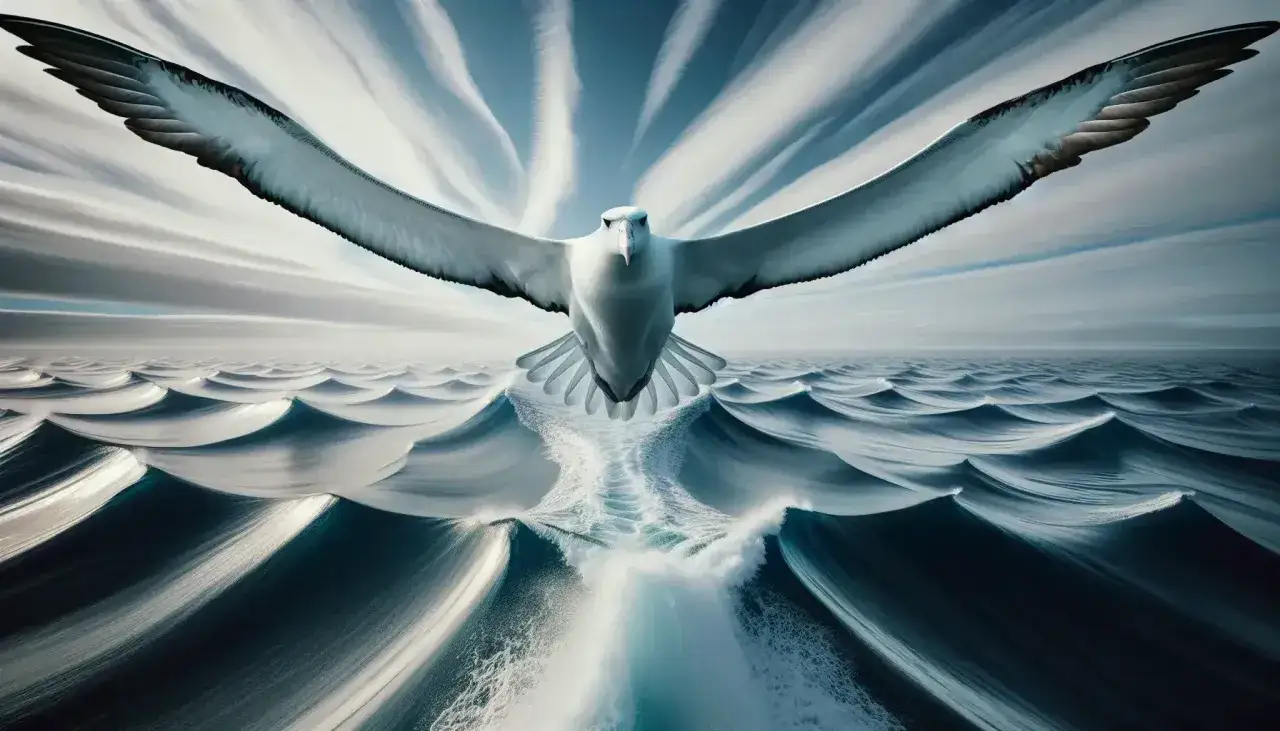 Un albatros in volo, un'icona di libert&agrave;, come una poesia sull'oceano. Le onde danzano sotto le sue ali maestose.
