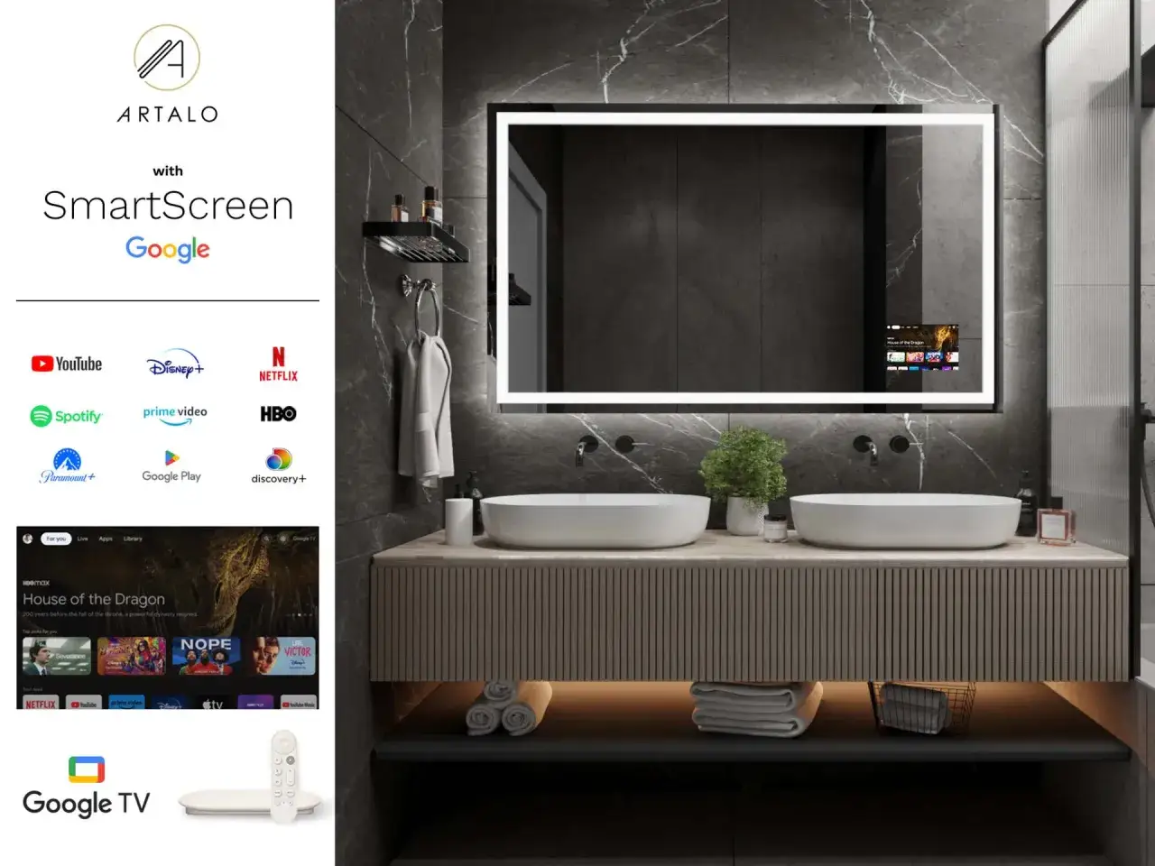 Eleganckie lustro z lampami LED i wbudowanym ekranem SmartScreen Google, idealne do nowoczesnej łazienki.