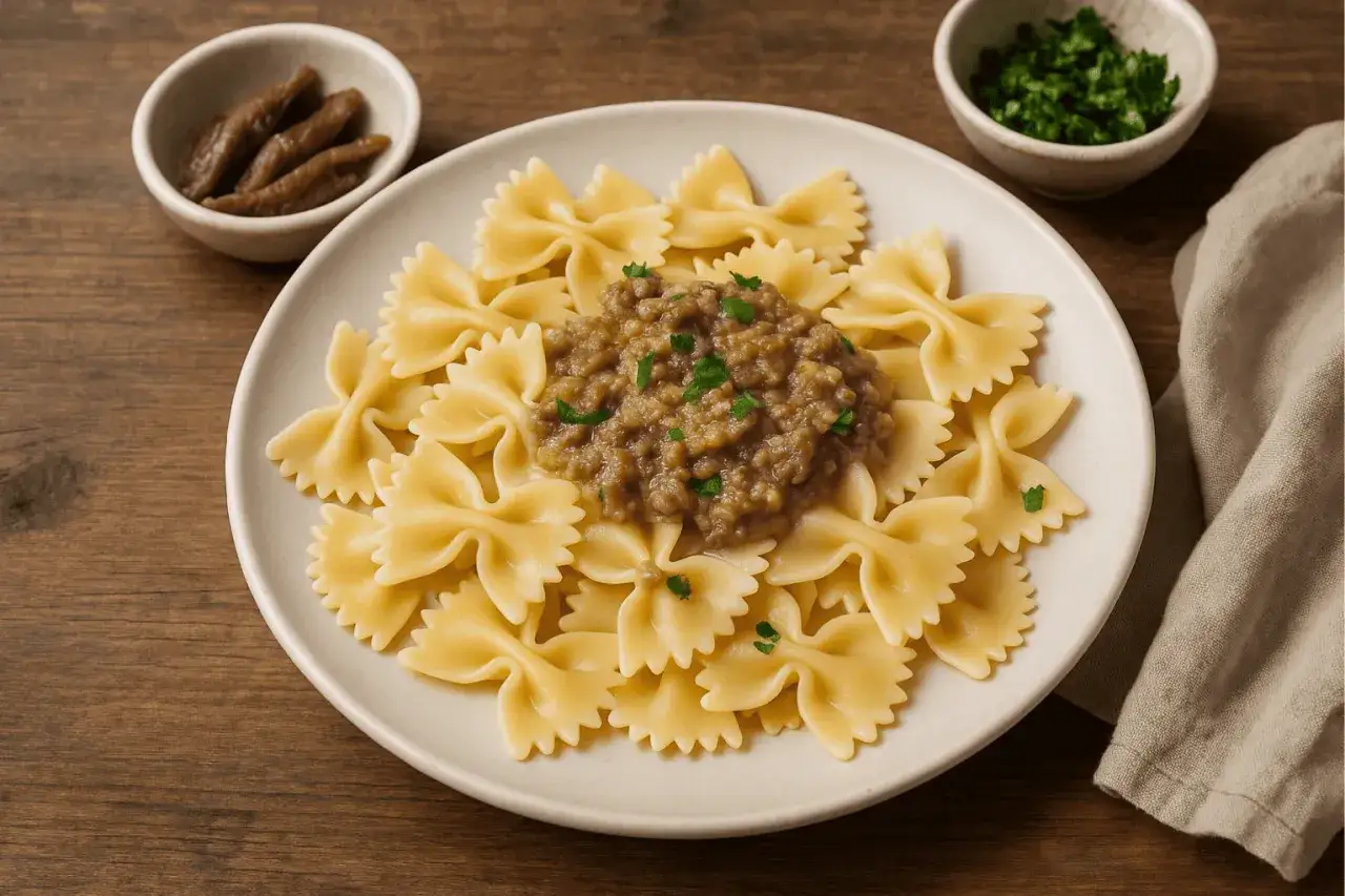 Pyszne farfalle z sosem mięsnym, posypane natką pietruszki. Obok miseczka z dodatkami.