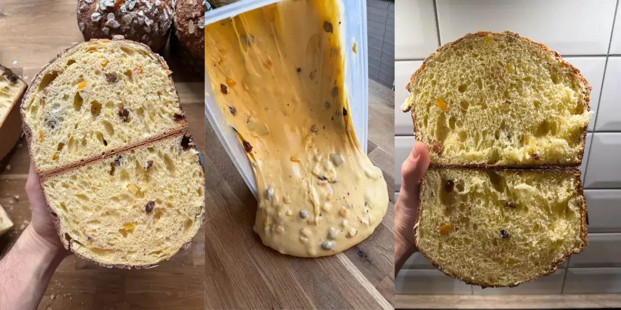 Puszyste wnętrze babki panettone z bakaliami, obok rozciągające się ciasto i gotowe wypieki.