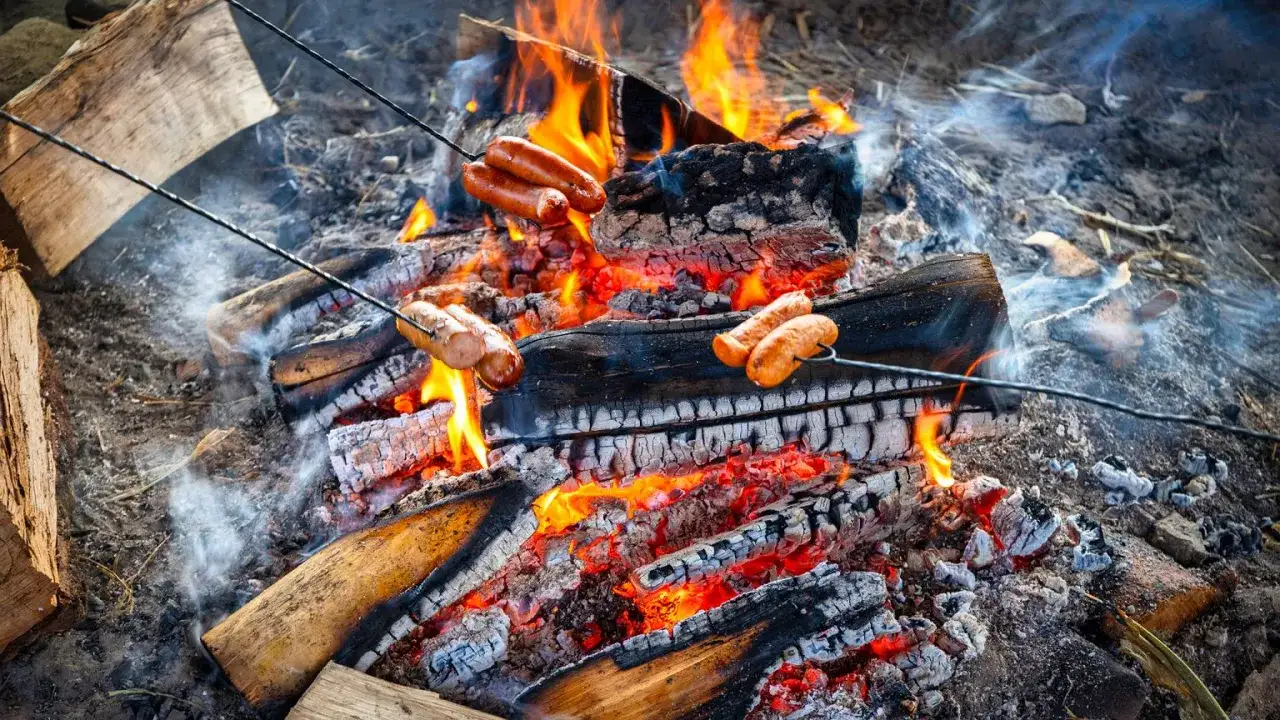 Kiełbasa na ognisko piecze się na patykach nad żarzącymi się węglami i płomieniami. Idealny smak lata!