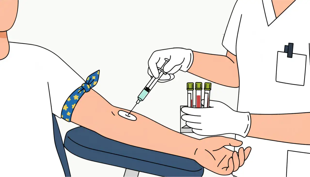 Sjukv&aring;rdare tar blodprov f&ouml;r att testa testosteronniv&aring;er. Blodprovsr&ouml;r syns i bakgrunden.
