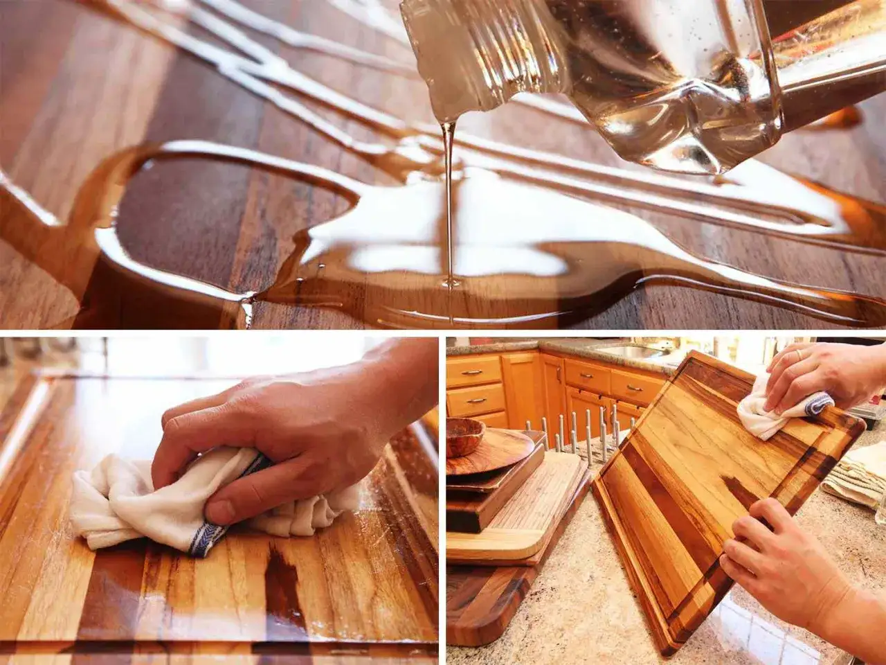 Application d'huile sur une planche à découper en bois. Un liquide transparent est versé sur le bois, puis une main essuie l'excédent avec un chiffon.