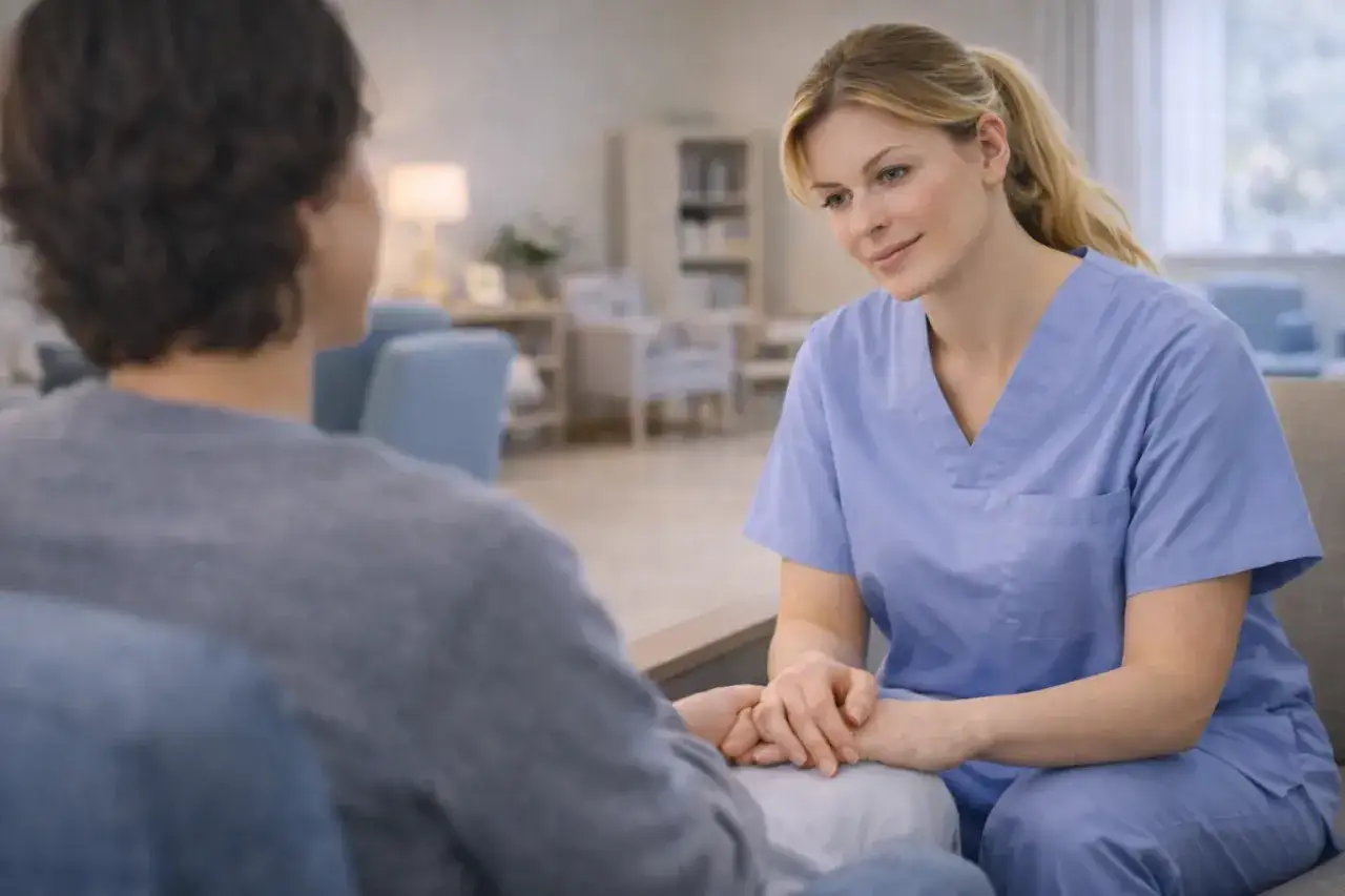 Uśmiechnięta pielęgniarka psychiatryczna trzyma za rękę pacjenta, oferując wsparcie w przytulnym wnętrzu.