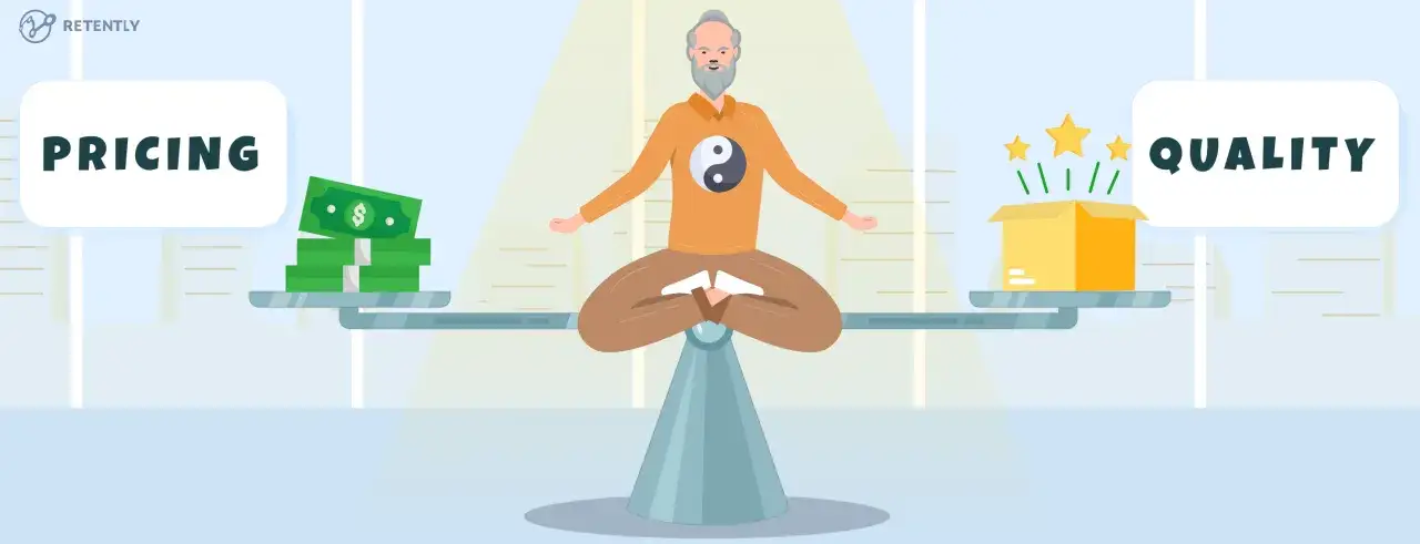 Ein Mann meditiert, w&auml;hrend eine Waage Preis und Qualit&auml;t ausbalanciert. Dies illustriert die skimpflation definition: weniger f&uuml;r mehr Geld.