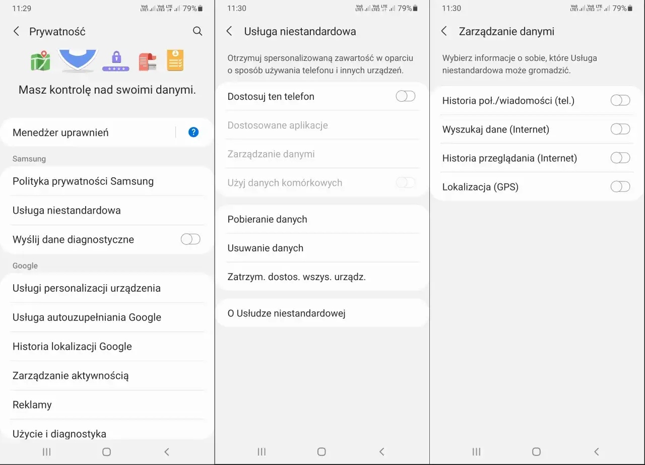 Ekran telefonu z ustawieniami prywatności. Można tu zarządzać danymi, by wyłączyć udostępnianie zdjęć Google.