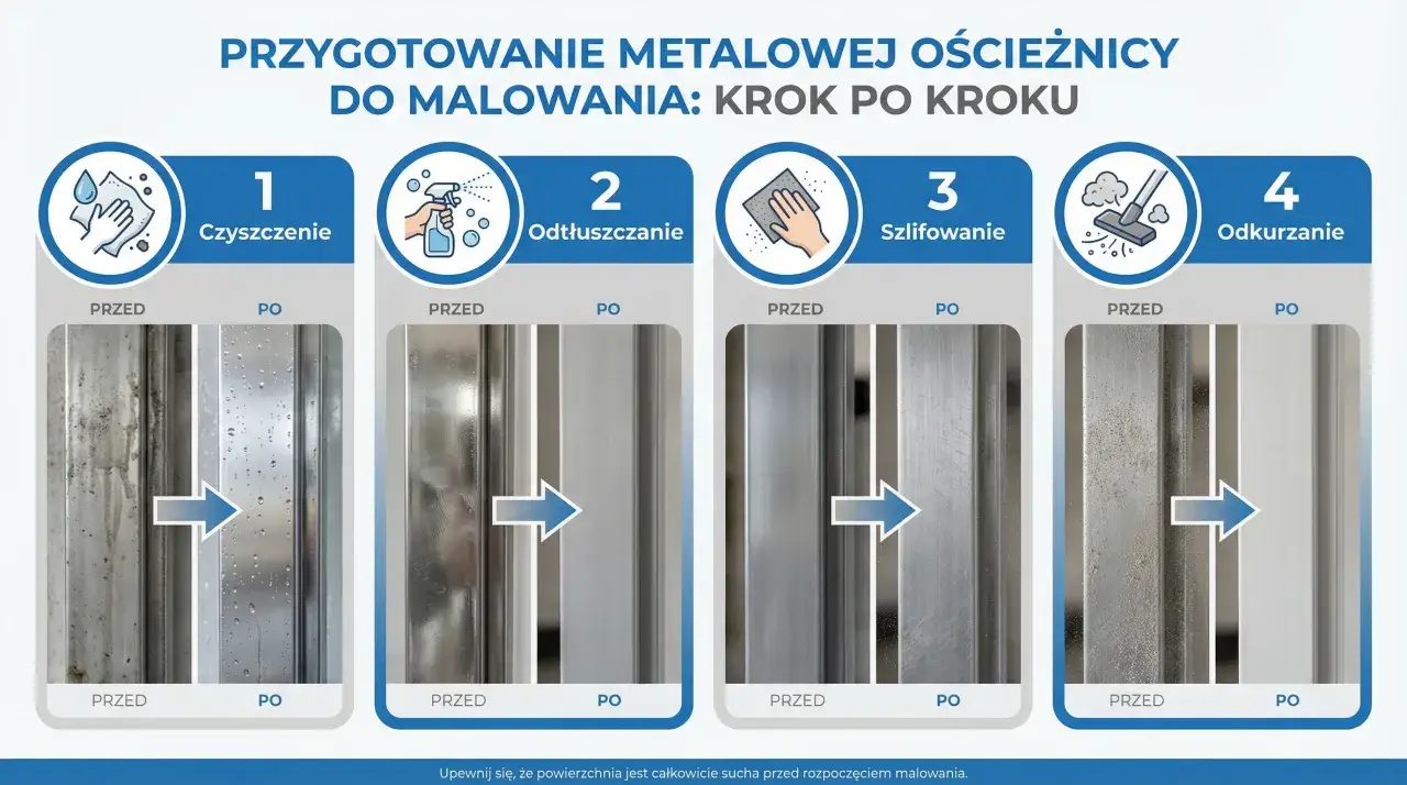 Przygotowanie metalowych listew do futryn do malowania: czyszczenie, odtłuszczanie, szlifowanie i odkurzanie.