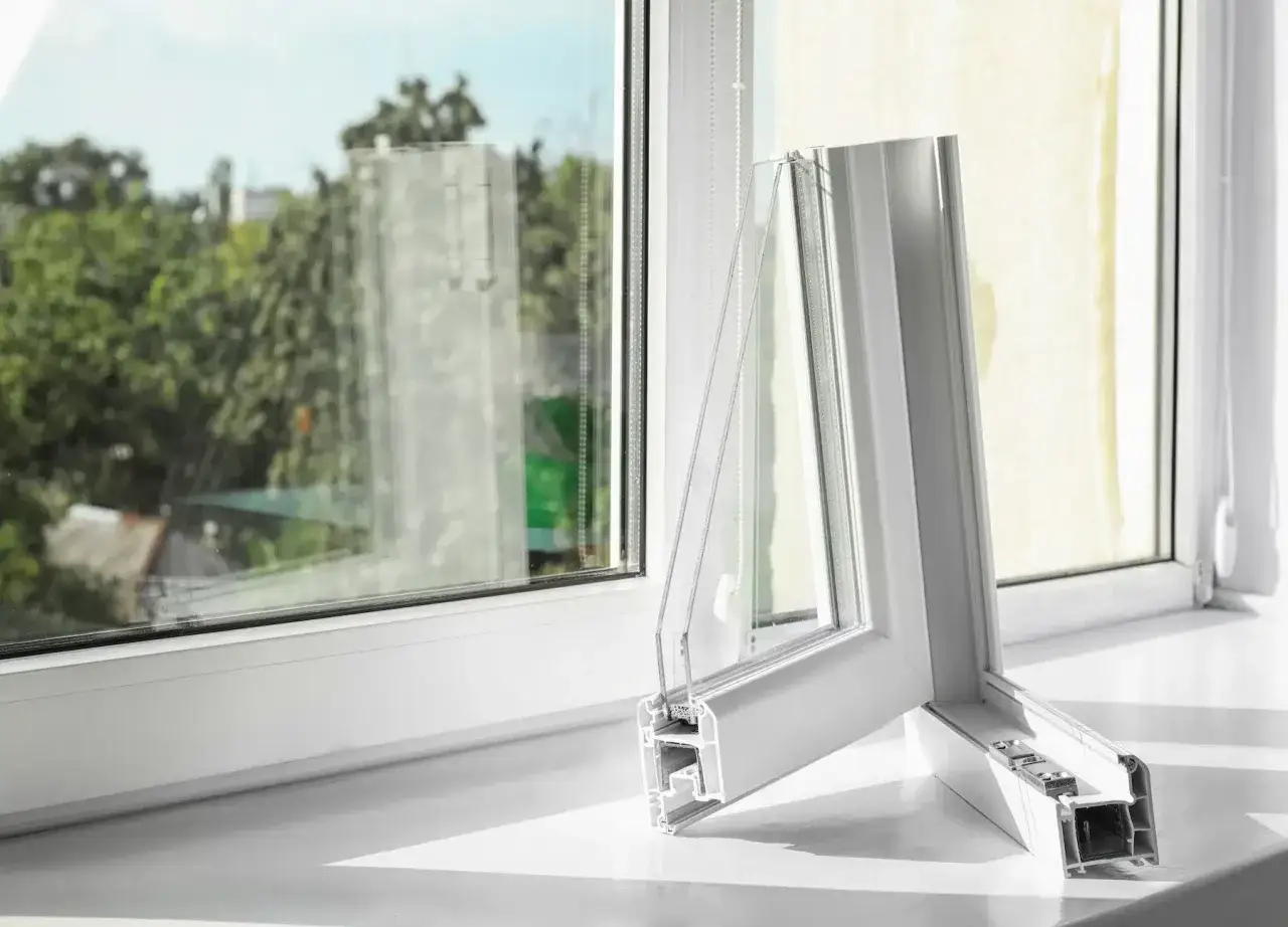 Profilé de fenêtre blanc, section transversale montrant le double vitrage. Menuiserie RAL 7009.