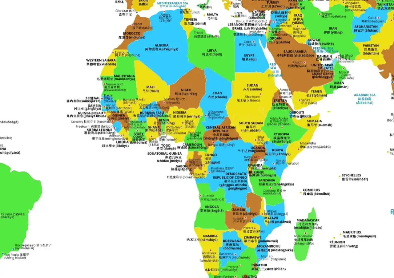 Afrika und Teile von Europa/Asien: Karte zeigt L&auml;nder und ihre meist gesprochene Sprache.