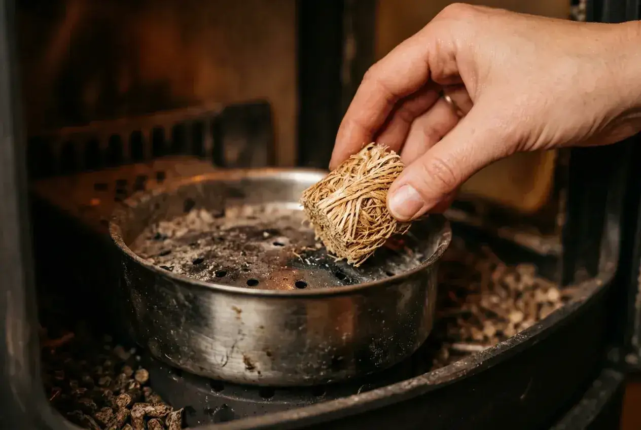 Main tenant, une allumette ou un briquet, pour comprendre pourquoi mon poêle ne s'allume pas. Une main place un allume-feu dans un cendrier.