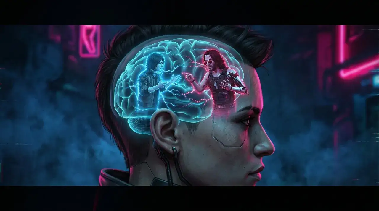 Dentro de un cerebro cyberpunk, dos figuras digitales discuten, rodeadas de energía azul y roja.