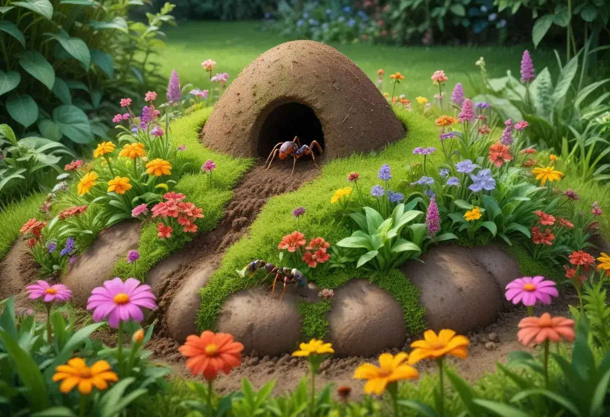 En myrstack med myror som arbetar. En del av myrstacken ser ut som en liten kulle med en &ouml;ppning. Runtomkring finns m&aring;nga f&auml;rgglada blommor och gr&ouml;nt gr&auml;s.