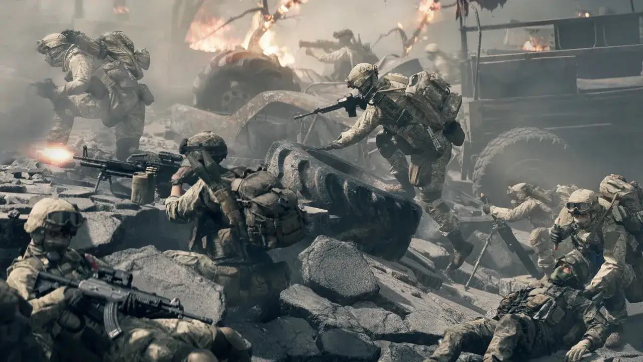 Żołnierze w akcji podczas kampanii Battlefield 6. Wybuchy, zniszczone pojazdy i dym tworzą atmosferę chaosu.