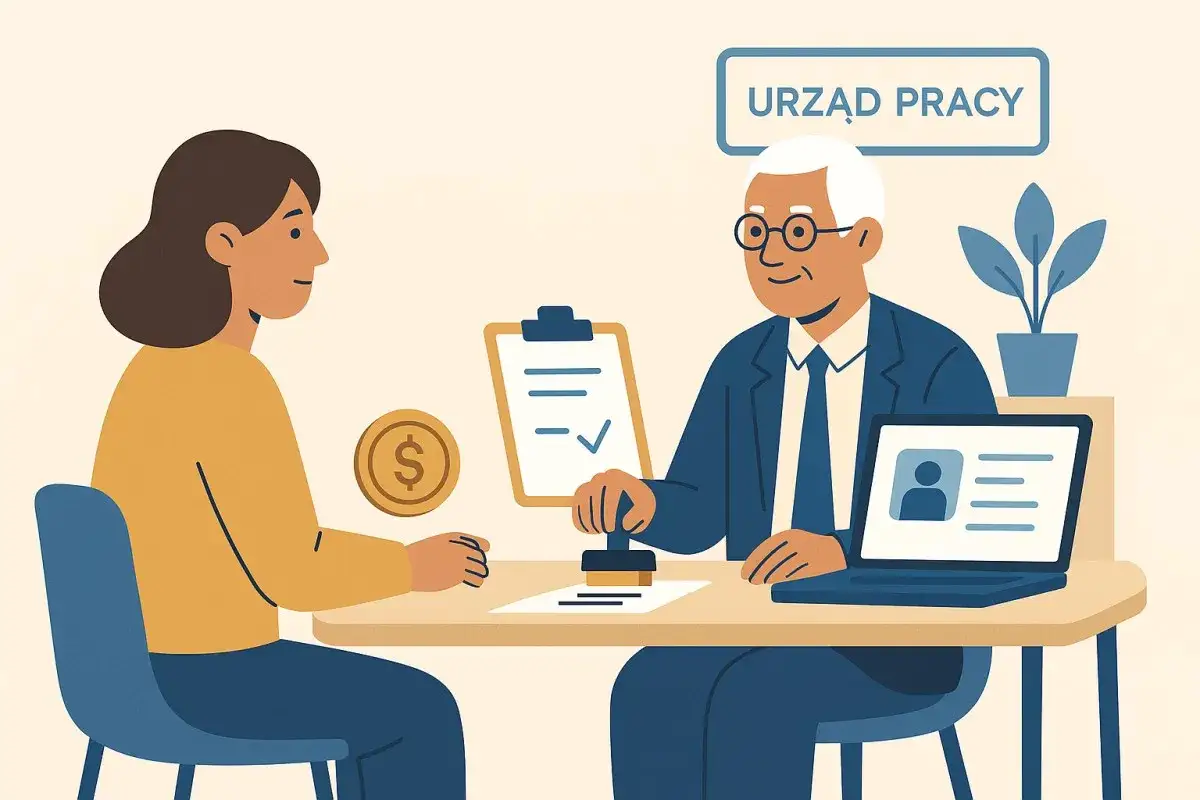 Urząd Pracy. Kobieta pyta, ile trwa zasiłek dla bezrobotnych. Urzędnik pieczętuje dokumenty, obok moneta i laptop.