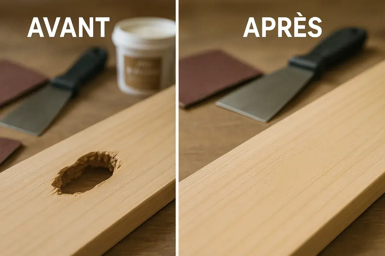 Avant/Apr&egrave;s : un trou dans le bois est r&eacute;par&eacute; avec de la p&acirc;te &agrave; bois, le r&eacute;sultat est impeccable.