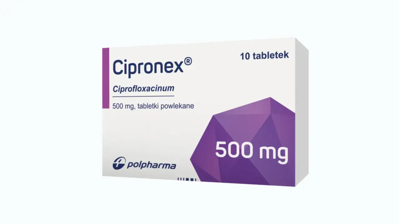 Opakowanie leku Cipronex zawierające 10 tabletek powlekanych po 500 mg. Substancją czynną jest cyprofloksacyna.