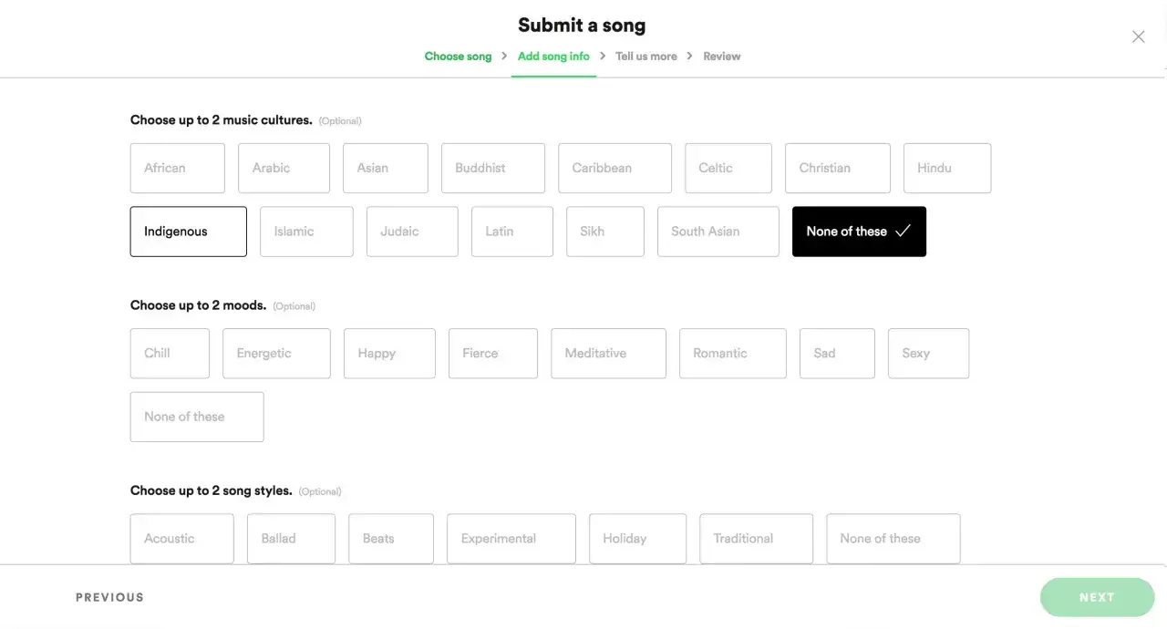 Spotify playlist submission: Auswahl von Musikrichtungen, Stimmungen und Stilen f&uuml;r einen Song.