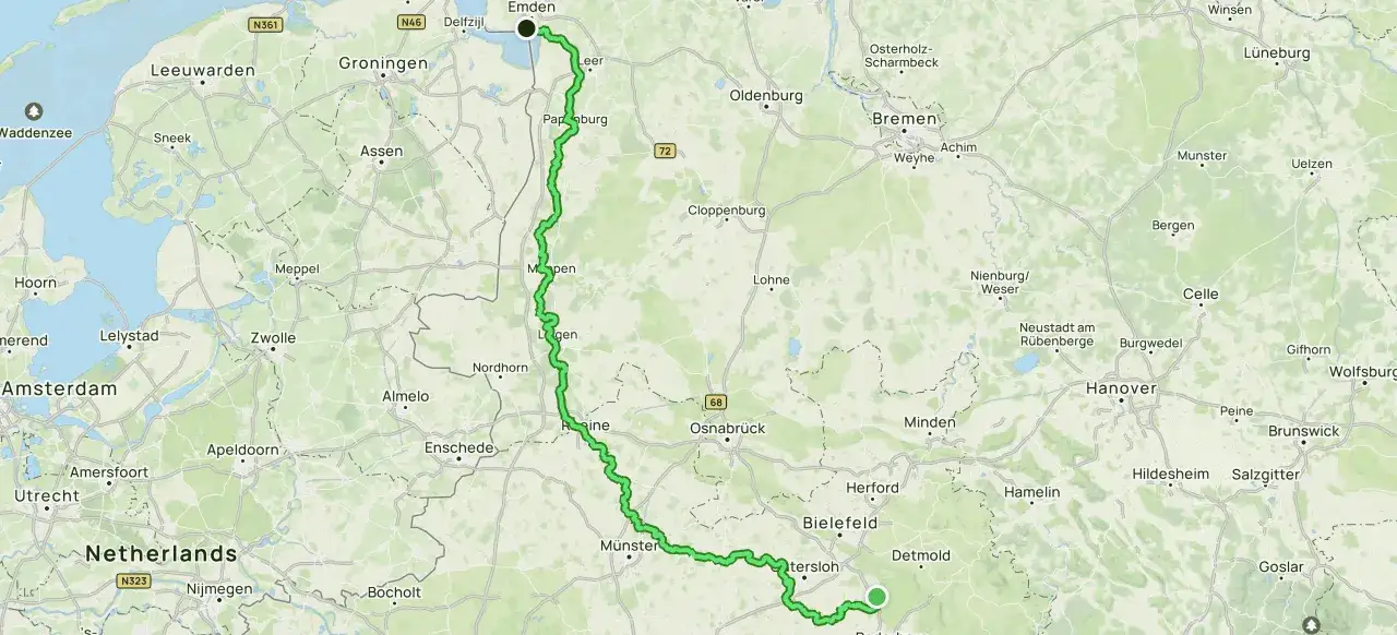 Der ems-radweg streckenverlauf führt von Emden durch Niedersachsen, vorbei an Leer, Papenburg, Rheine und Münster, bis nach Bielefeld.