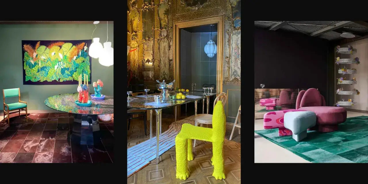 Tre unika rum med dj&auml;rva m&ouml;bler. En gr&ouml;n matsal med en tropisk v&auml;ggbonad, ett lyxigt rum med en gul stol som statement piece, och ett modernt vardagsrum med sammetssoffor.