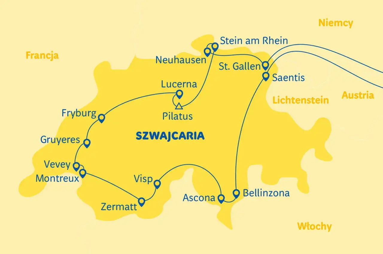 Mapa Szwajcarii z zaznaczonymi miastami i trasami, idealna do planowania podr&oacute;ży z **swiss travel pass**.
