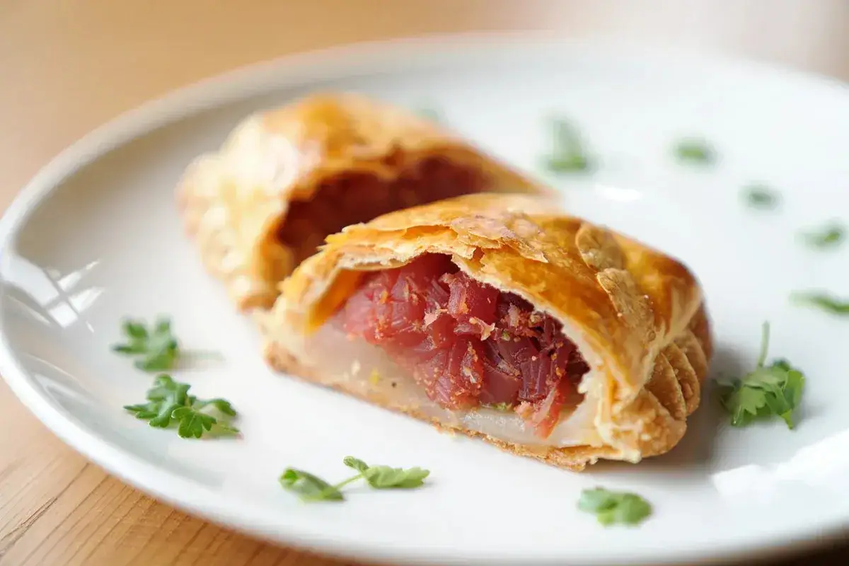 Empanada de at&uacute;n dorada y crujiente, rellena de jugoso at&uacute;n picado y hierbas frescas, servida en un plato blanco.
