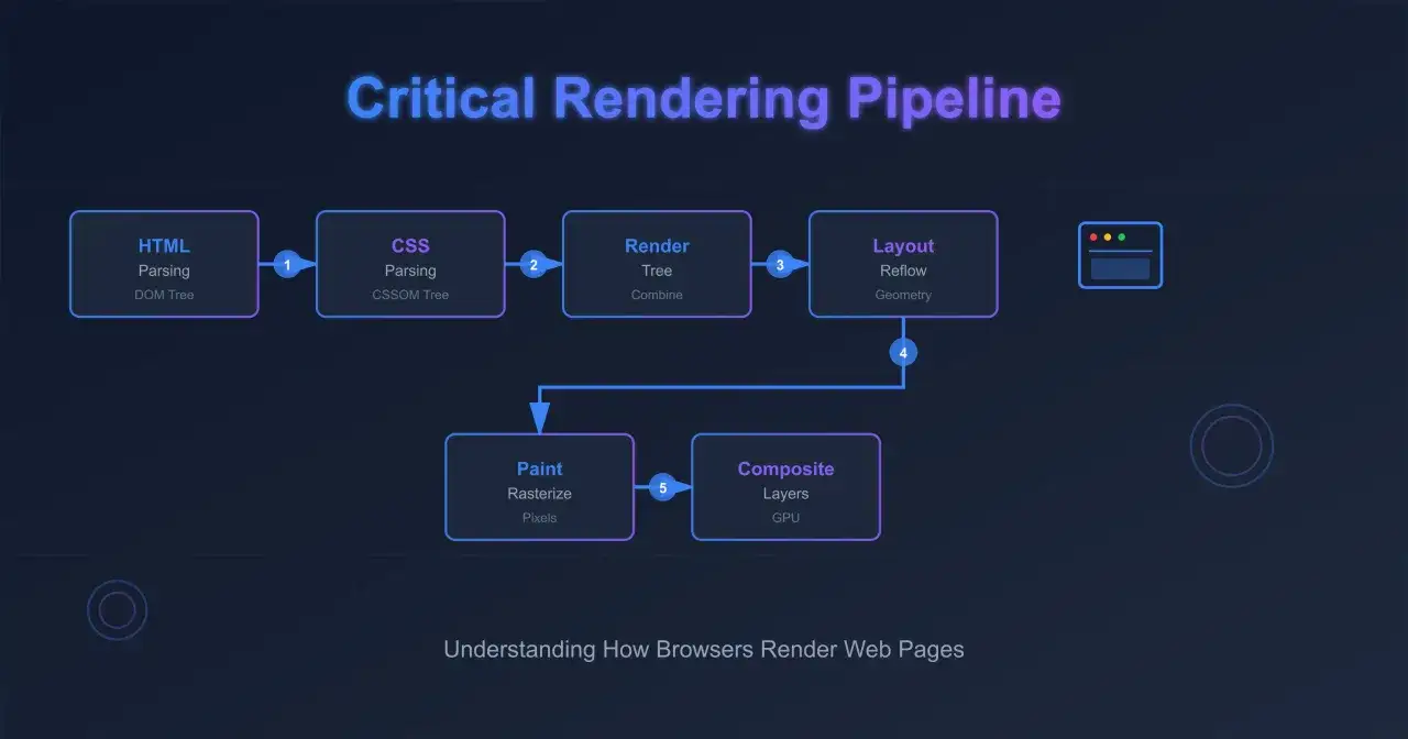 Schemat krytycznego potoku renderowania: HTML, CSS, Render Tree, Layout, Paint, Composite. Zrozumienie procesu renderowania stron.