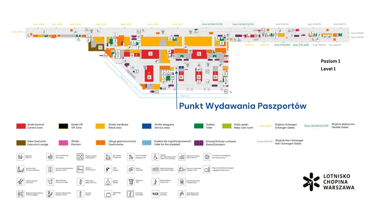 Mapa lotniska Chopina, Poziom 1. Szukasz informacji, ile trwa wyrobienie paszportu w trybie przyspieszonym? Sprawdź Punkt Wydawania Paszportów.