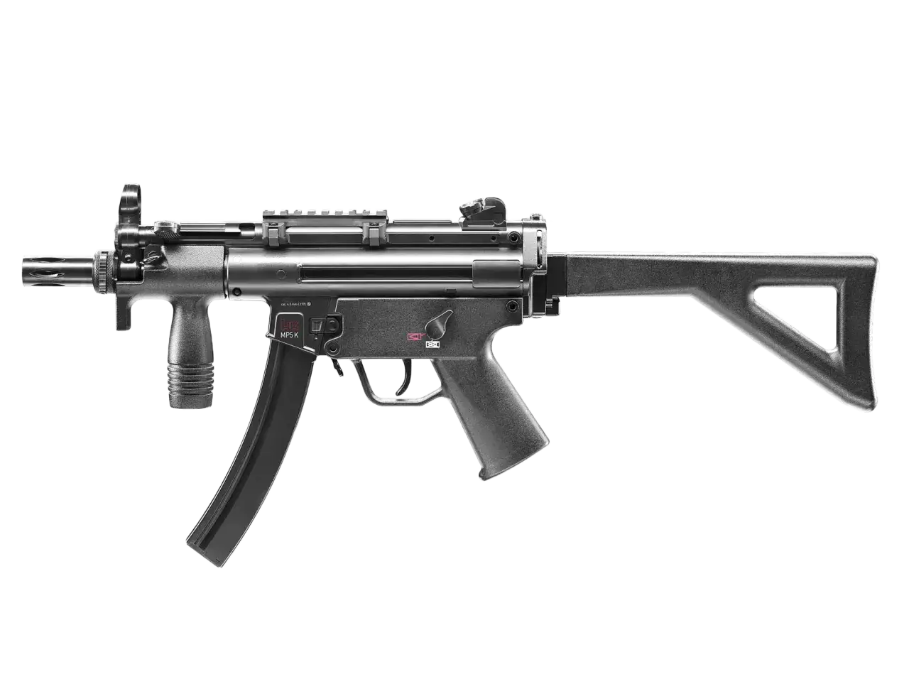 Czarna wiatrówka MP5 K z magazynkiem, kolbą i chwytem pistoletowym. Wygląda jak prawdziwa broń palna.