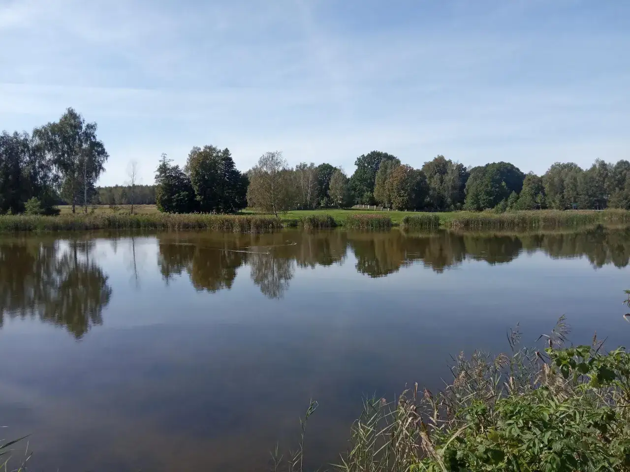 Spokojna tafla wody odbija drzewa i niebo. W oddali widać zalesione wzg&oacute;rza Kozłowieckiego Parku Krajobrazowego.