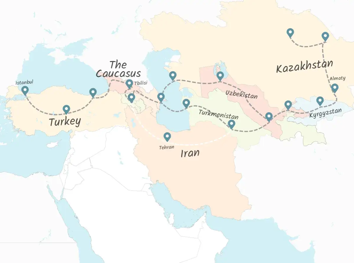 Karte zeigt eine Route von Istanbul durch die Türkei, Kaukasus, Iran, Turkmenistan, Usbekistan, Kasachstan und Kirgisistan. Eine 1 Jahr Weltreise.