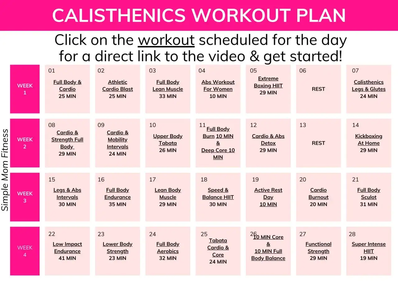 Plan treningowy kalistenika dla kobiet: 4 tygodnie ćwiczeń, od cardio po siłę. Kliknij, by rozpocząć!