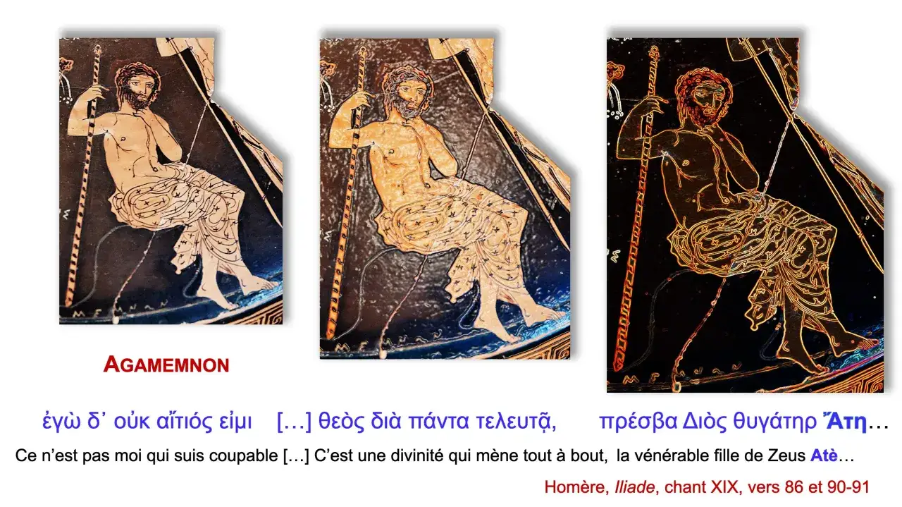 Trois représentations d'Agamemnon, avec une citation sur la déesse Atè, fille de Zeus, qui est la cause de tout.