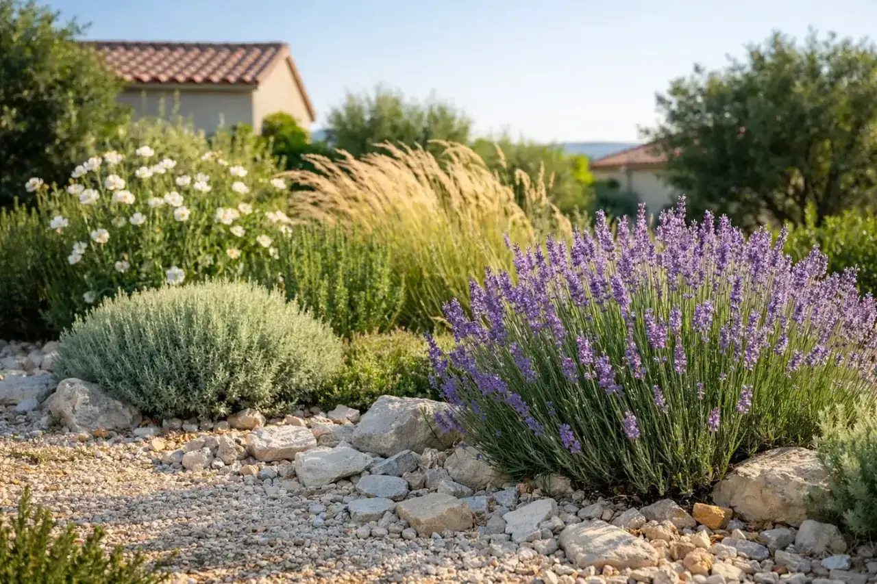 Un buisson de lavande parfumé prospère dans un jardin méditerranéen, entouré de pierres et d'autres plantes.