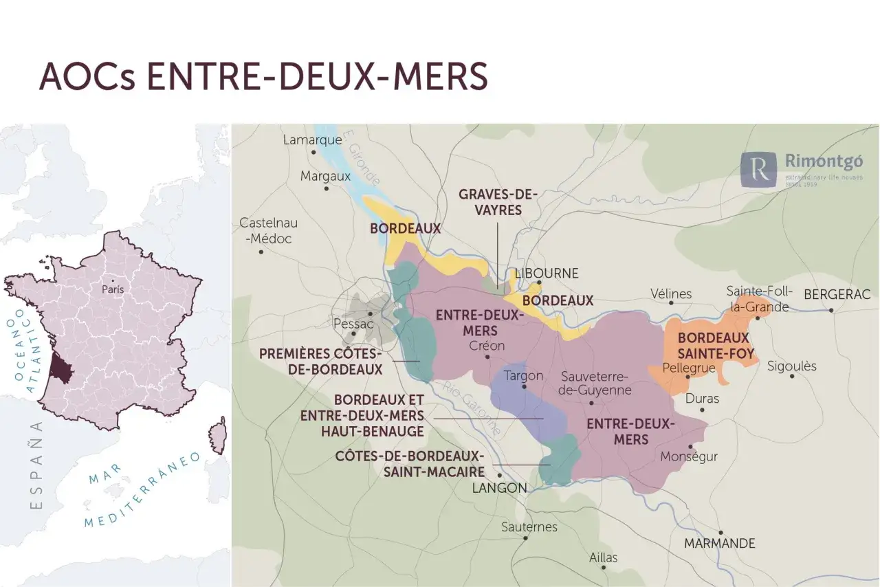 Mapa regionu Bordeaux, z zaznaczonymi apelacjami winiarskimi. Widać tu rzeki Garonnę i Żyrondę, a także miasta takie jak Bordeaux, Libourne i Langon.
