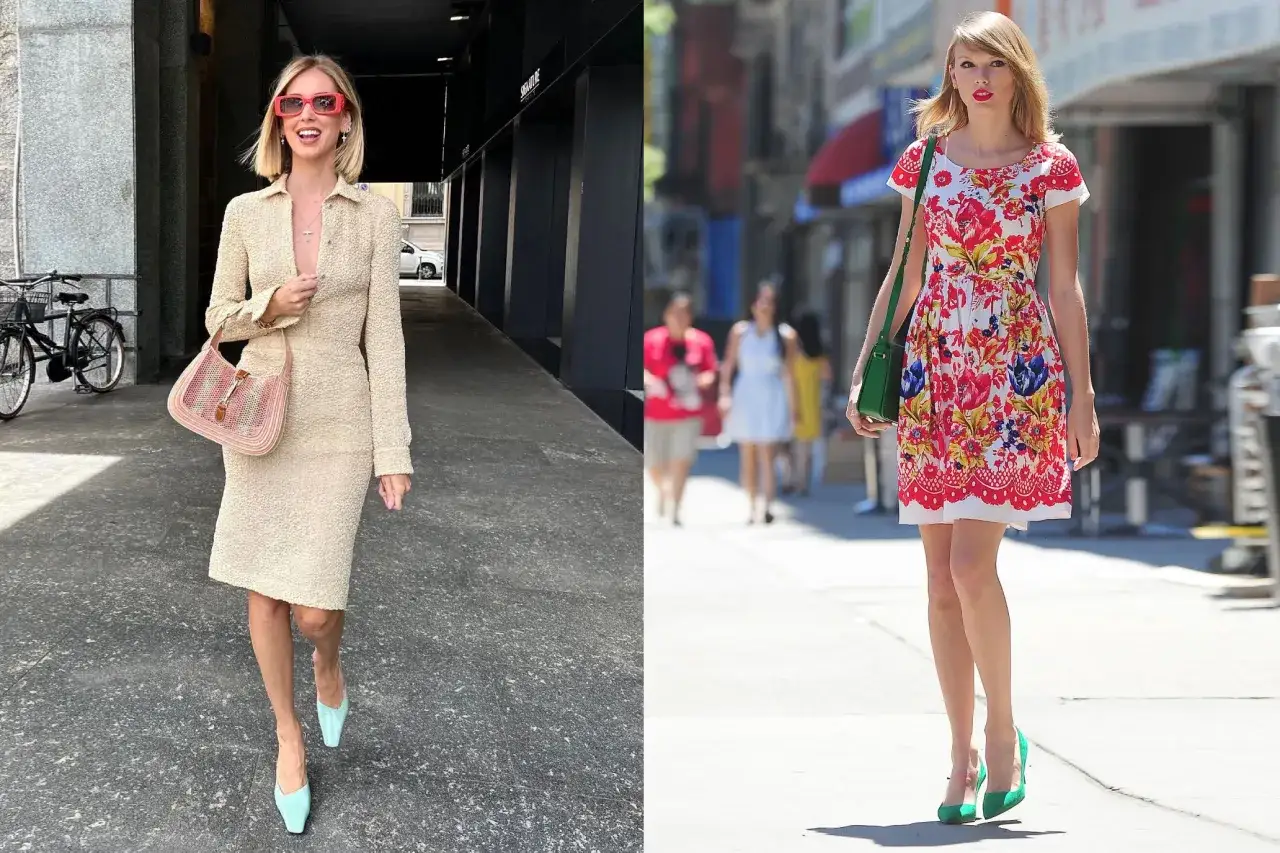 Due donne passeggiano: una con abito beige, borsa rosa e scarpe azzurre; l'altra con vestito floreale, borsa verde e scarpe verdi. Scarpe e borsa devono essere uguali per un look coordinato.