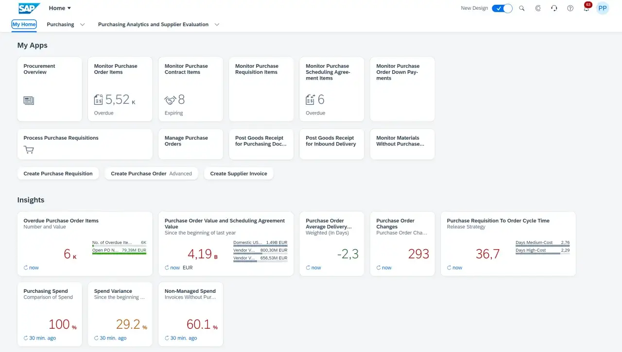 Ekran główny SAP Fiori z panelami 