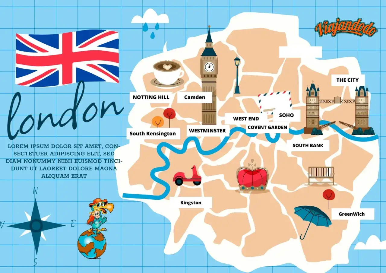 Mapa de Londres con puntos de interés como Big Ben y Tower Bridge. Ideal para planificar tu viaje y trabajar en Londres.