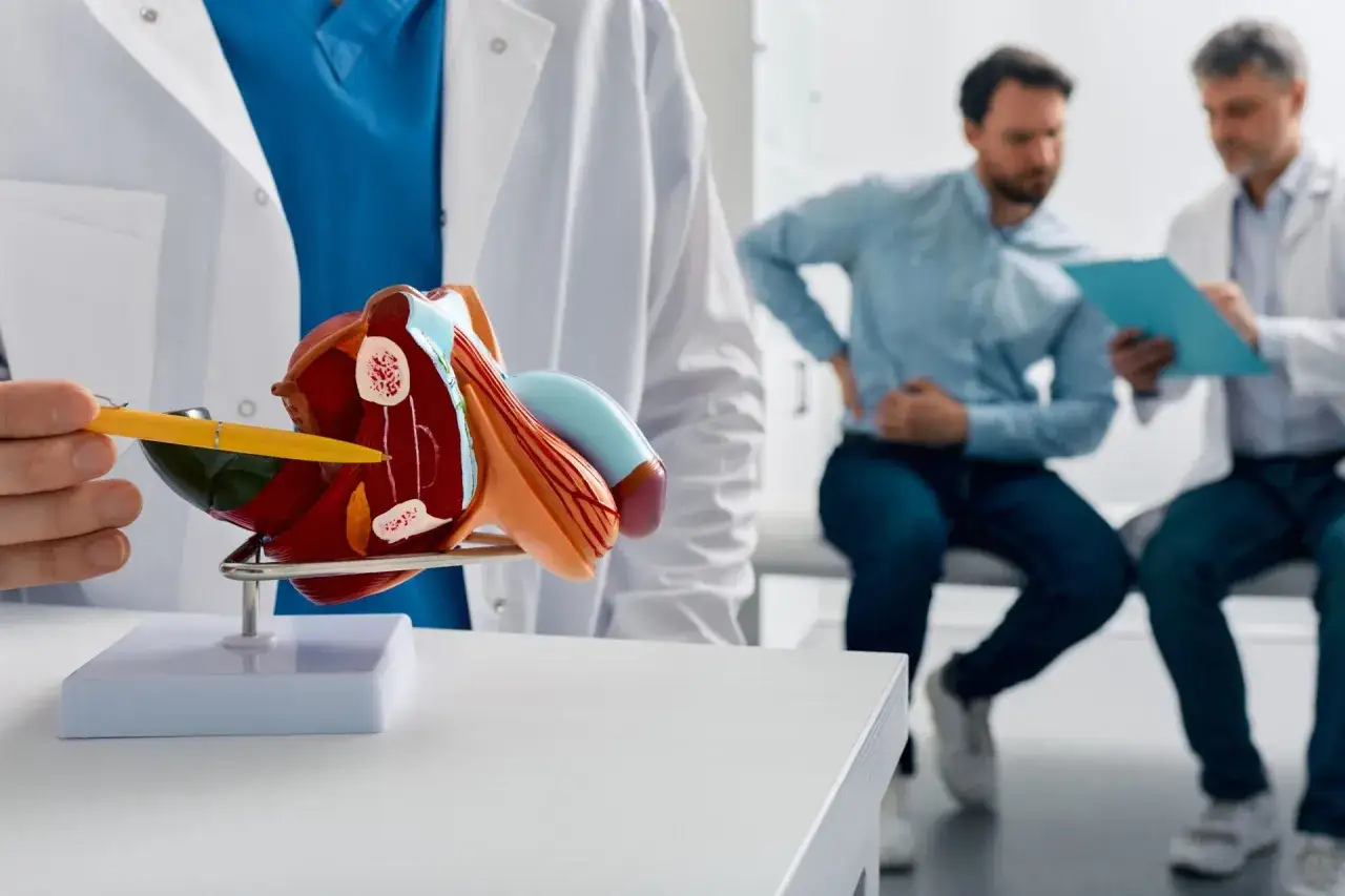 Lekarz omawia z pacjentem budowę prostaty, przygotowując do badania krwi.