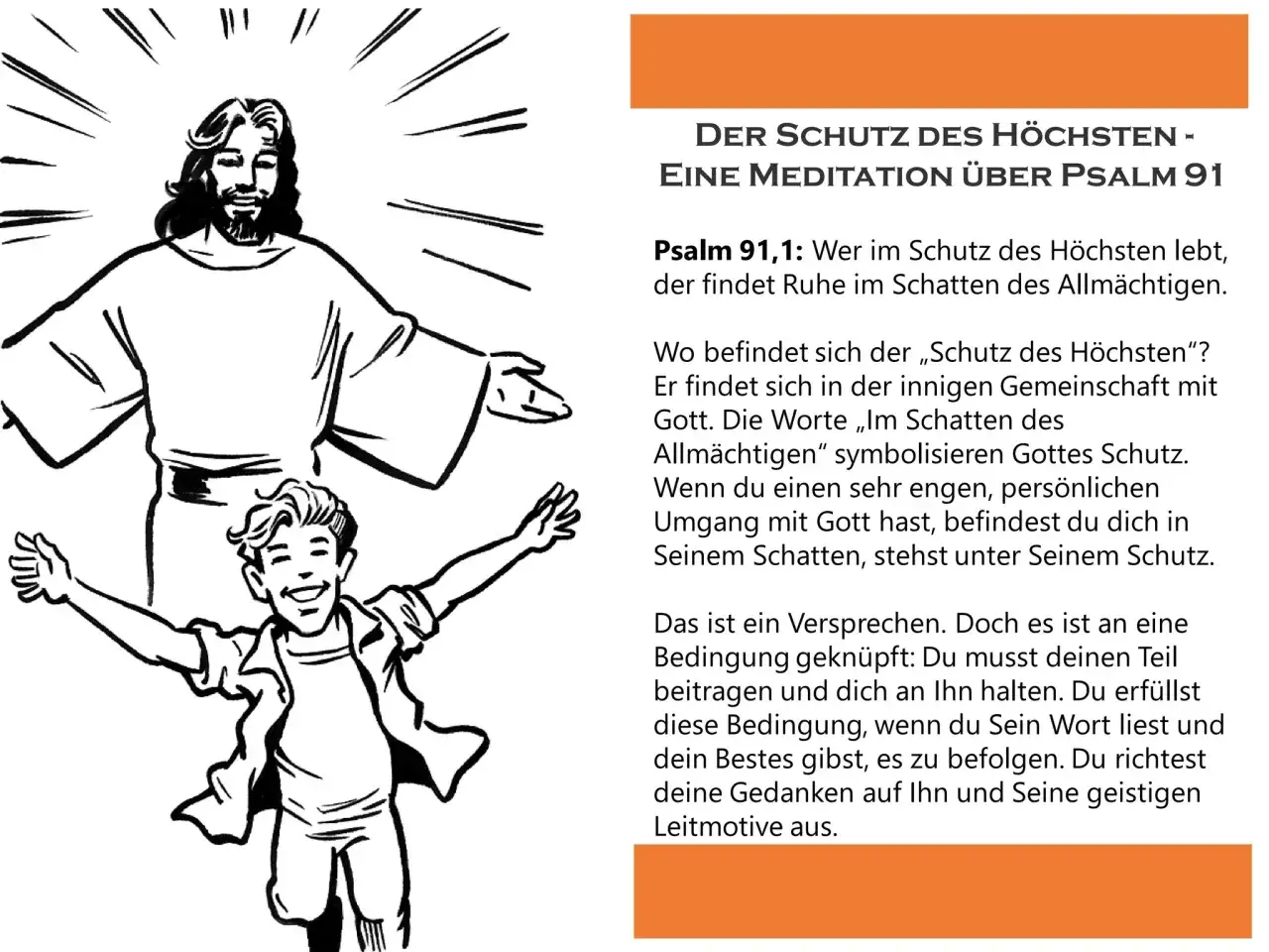 Ein Mann mit ausgestreckten Armen, der Schutz symbolisiert, und ein jubelnder Junge. Psalm 91,1: Wer im Schutz des Höchsten lebt, findet Ruhe.