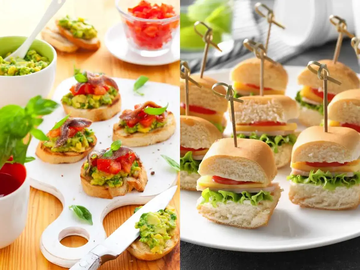 Deliciosa merienda de cumpleaños para adultos: bruschettas con aguacate y anchoas, y mini hamburguesas con queso y lechuga.
