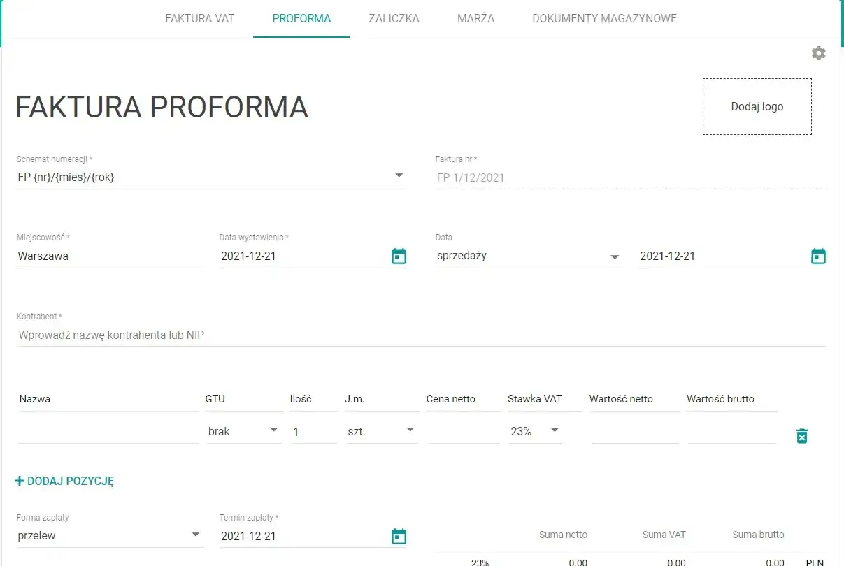 scenariusze użycia faktury proforma