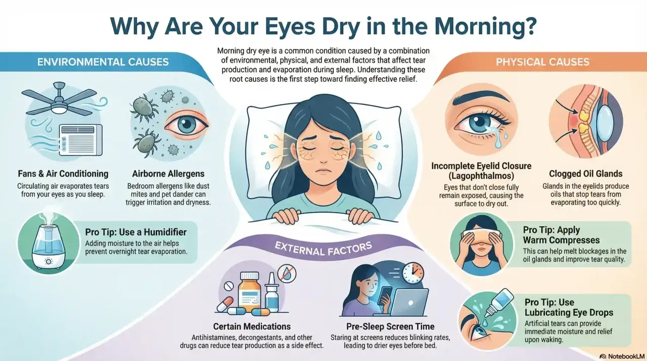 Illustrazione che spiega le cause degli **occhi secchi di notte**: aria condizionata, allergeni, chiusura incompleta delle palpebre, ghiandole ostruite, farmaci e uso di schermi.