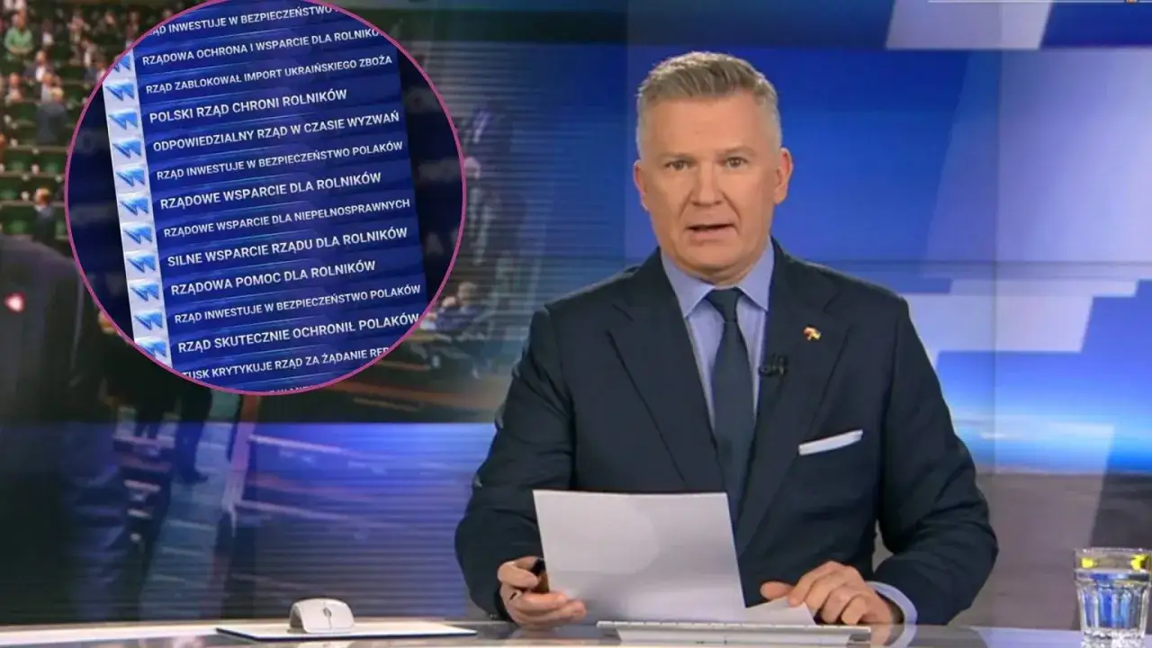 Wiadomości TVN Fakty: dziennikarz omawia wsparcie rządu dla rolników i bezpieczeństwo Polaków. Ludzie słuchają.
