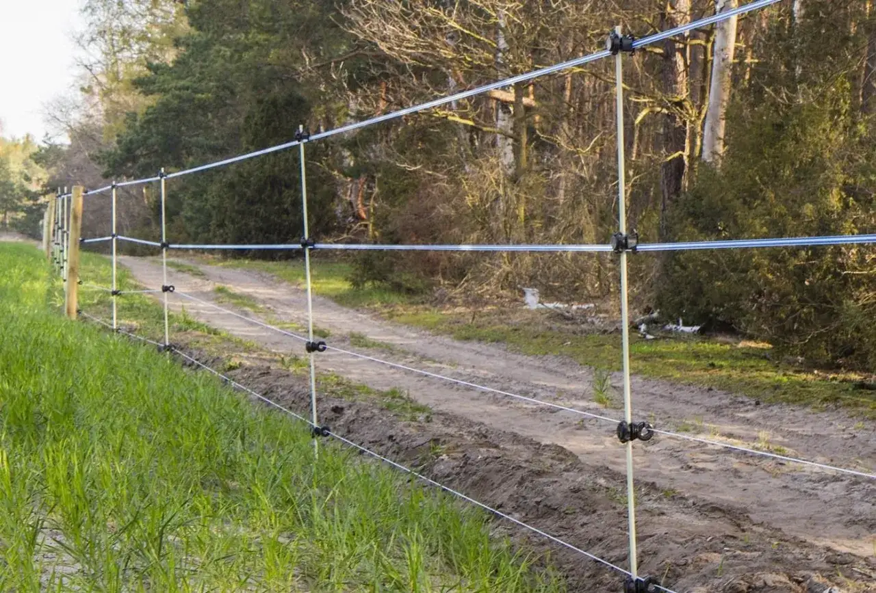 Pastuch elektryczny w lesie, gotowy do podłączenia. Wok&oacute;ł zielona trawa i droga gruntowa.