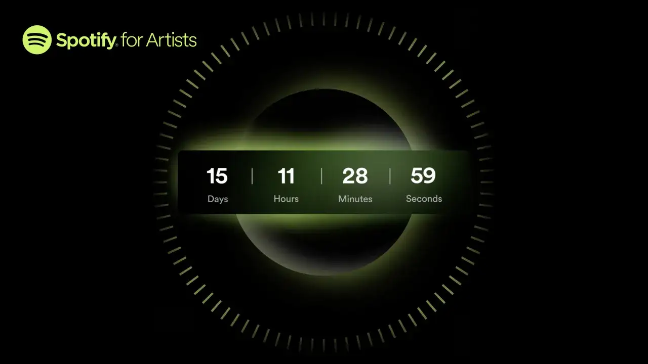 Spotify for Artists countdown timer, showing 15 days, 11 hours, 28 minutes, 59 seconds. This visual hints at how to presave on Spotify for an upcoming release.
