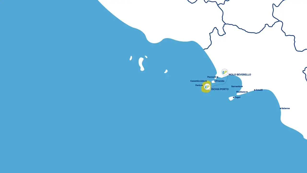 Mappa del Golfo di Napoli: da Molo Beverello a Ischia Porto, passando per Pozzuoli, Procida, Capri e la Costiera Amalfitana.