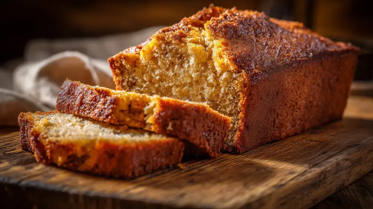 Un délicieux cake banane, doré et moelleux, coupé en tranches sur une planche en bois rustique.