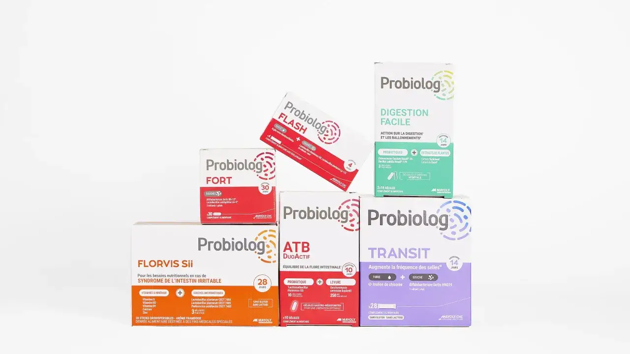 Plusieurs boîtes de compléments alimentaires Probiolog pour une cure probiotique : Flash, Fort, Transit, ATB DuoActif et Florvis Sii.